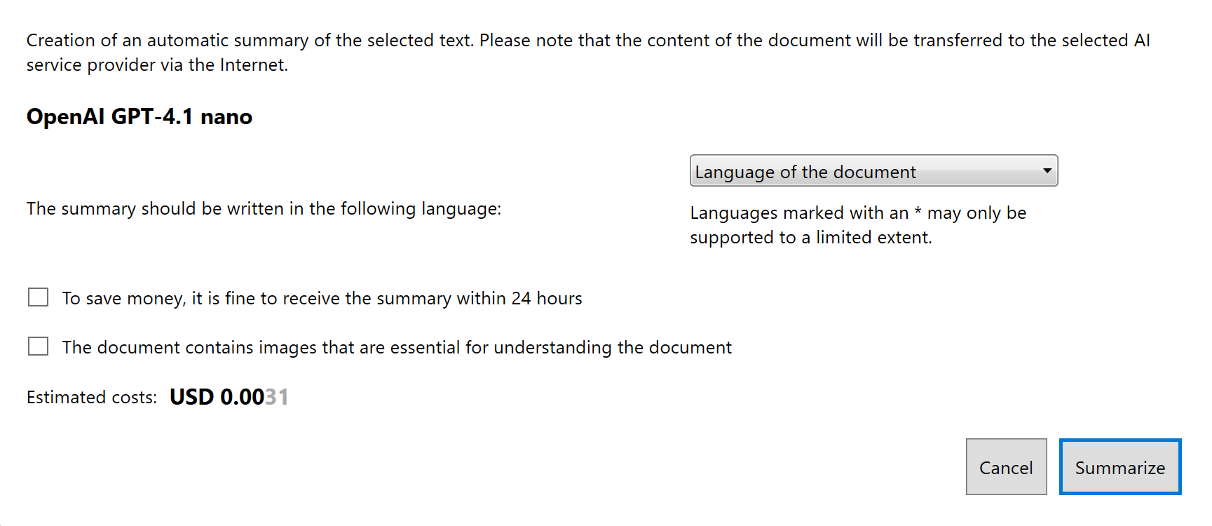 Dialog for Summary Creation